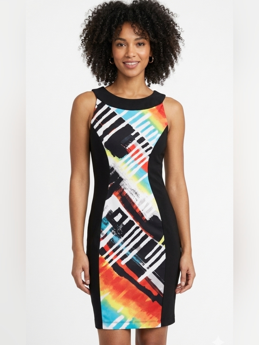 Frank Lyman Bodycon Dress Size 4 Abstract Colorblock Black Sleeveless Cocktail